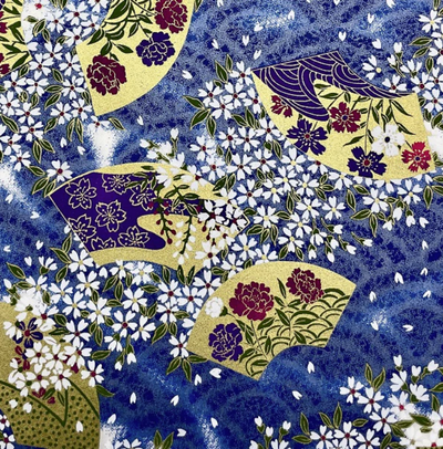 Yuzen Washi Paper Y1245 – Gold Fans & Blossoms on Blue Wave (Japanese Chiyogami)