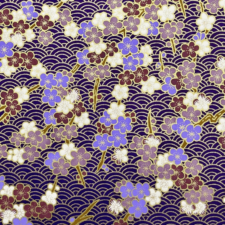 Y1275 – Japanese Yuzen Washi Chiyogami Paper – Purple Floral with Gold Accents