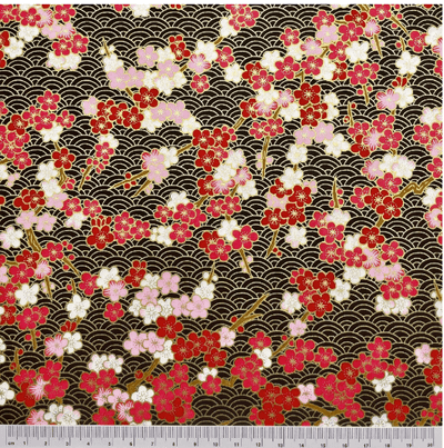 Y1276 – Japanese Yuzen Washi Chiyogami Paper – Red, Soft Pink & White Florals on Black Waves