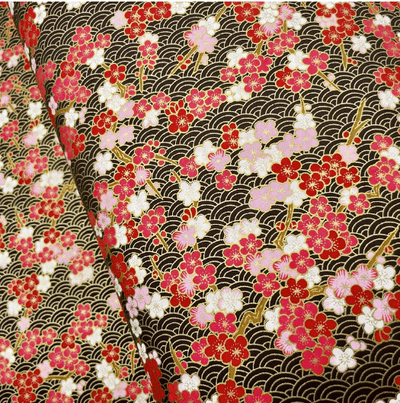 Y1276 – Japanese Yuzen Washi Chiyogami Paper – Red, Soft Pink & White Florals on Black Waves