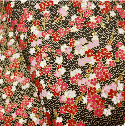 Y1276 – Japanese Yuzen Washi Chiyogami Paper – Red, Soft Pink & White Florals on Black Waves