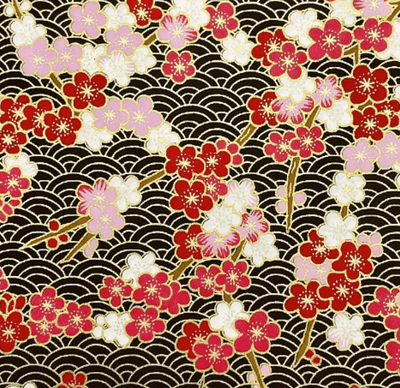 Y1276 – Japanese Yuzen Washi Chiyogami Paper – Red, Soft Pink & White Florals on Black Waves