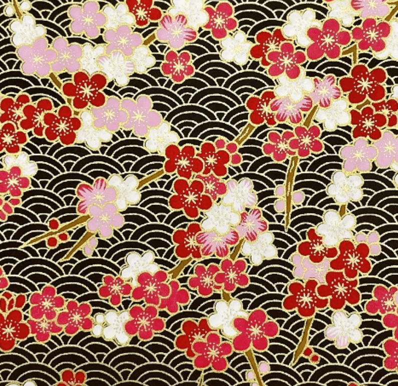 Y1276 – Japanese Yuzen Washi Chiyogami Paper – Red, Soft Pink & White Florals on Black Waves