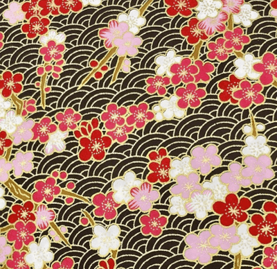 Y1276 – Japanese Yuzen Washi Chiyogami Paper – Red, Soft Pink & White Florals on Black Waves