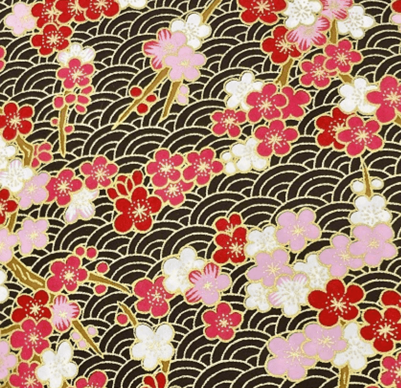 Y1276 – Japanese Yuzen Washi Chiyogami Paper – Red, Soft Pink & White Florals on Black Waves