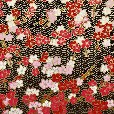 Y1276 – Japanese Yuzen Washi Chiyogami Paper – Red, Soft Pink & White Florals on Black Waves