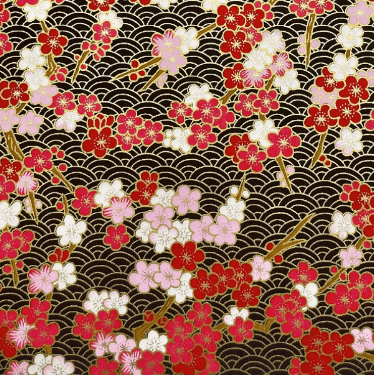 Y1276 – Japanese Yuzen Washi Chiyogami Paper – Red, Soft Pink & White Florals on Black Waves