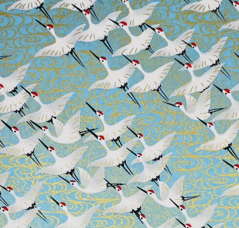 Japanese Yuzen Washi Paper - White Cranes on Pastel Blue sky - Chiyogami Paper With Gold Accent for origami, craft & scrapbooking 15x15cm (6")