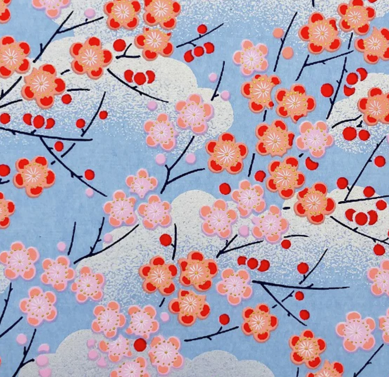 Japanese Yuzen Washi Paper Y0668 - Pink Red Cherry Blossoms on Cloud Blue Sky - Chiyogami Paper With Gold Accent for origami, craft & scrapbooking 15x15cm (6")
