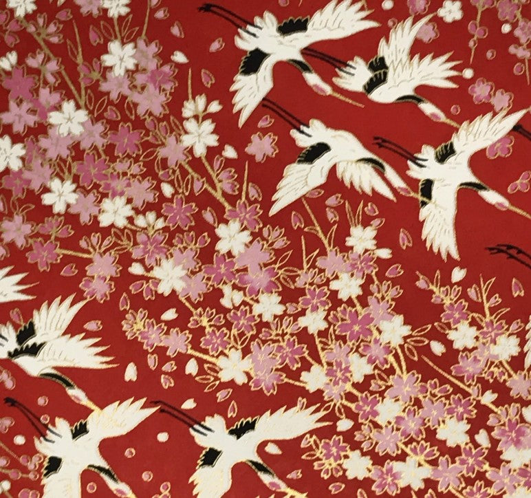 Japanese Yuzen Washi Paper with Gold Accent - Crane Cherry Blossoms on Red -  15x15cm (6")