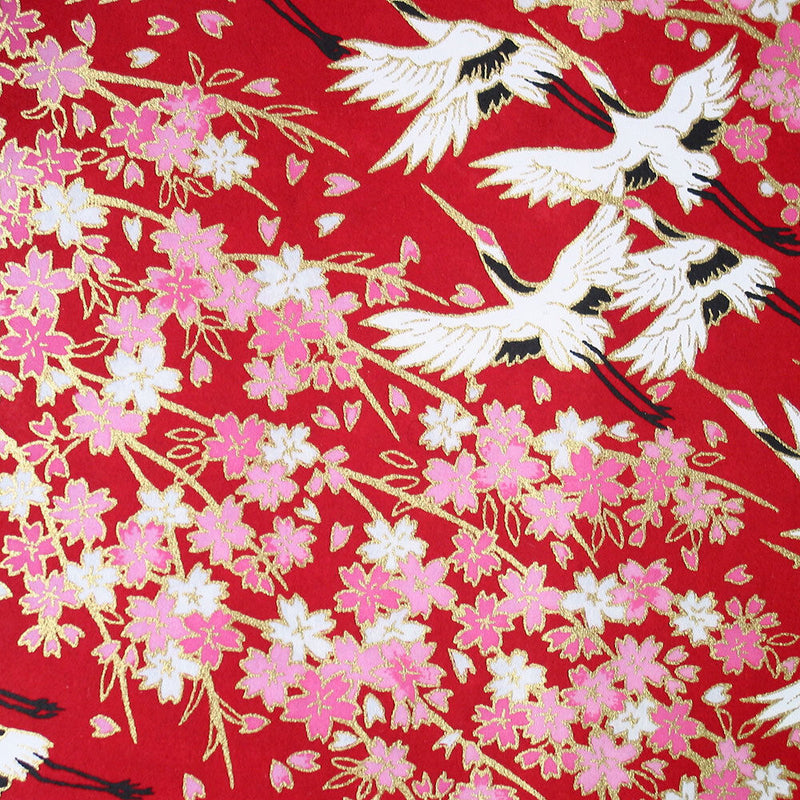 Japanese Yuzen Washi Paper with Gold Accent - Crane Cherry Blossoms on Red -  15x15cm (6")