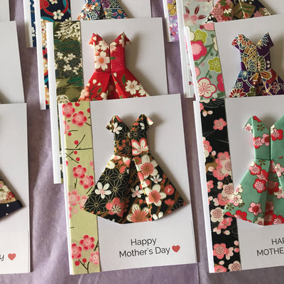 Handmade Yuzen Origami Gift Card - Origami Dress Mother's Day Gift Card with Heart Envelope