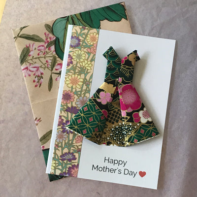 Handmade Yuzen Origami Gift Card - Origami Dress Mother's Day Gift Card with Heart Envelope