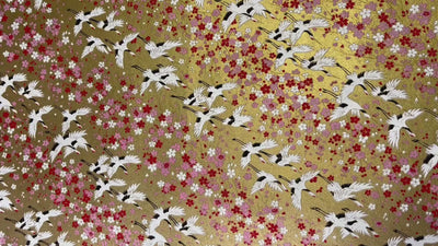 Japanese Yuzen Chiyogami Washi Paper - KW102 – Flying Cranes & Sakura Blossoms on Gold