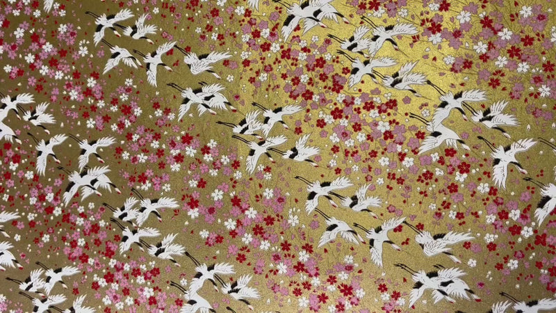 Japanese Yuzen Chiyogami Washi Paper - KW102 – Flying Cranes & Sakura Blossoms on Gold