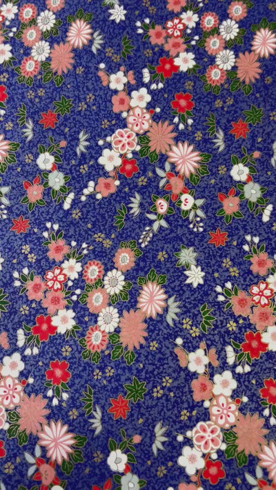 Japanese Yuzen Chiyogami Washi Paper - KW136 - Pink & Red Floral on Royal Blue