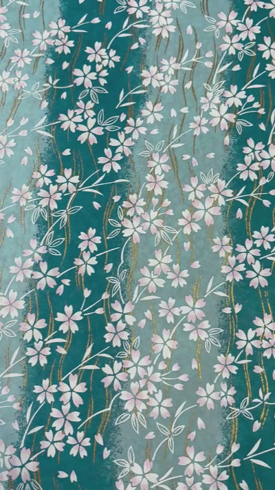 Japanese Yuzen Chiyogami Washi Paper – KW125 – Pink Sakura Blossoms on Aqua Waves