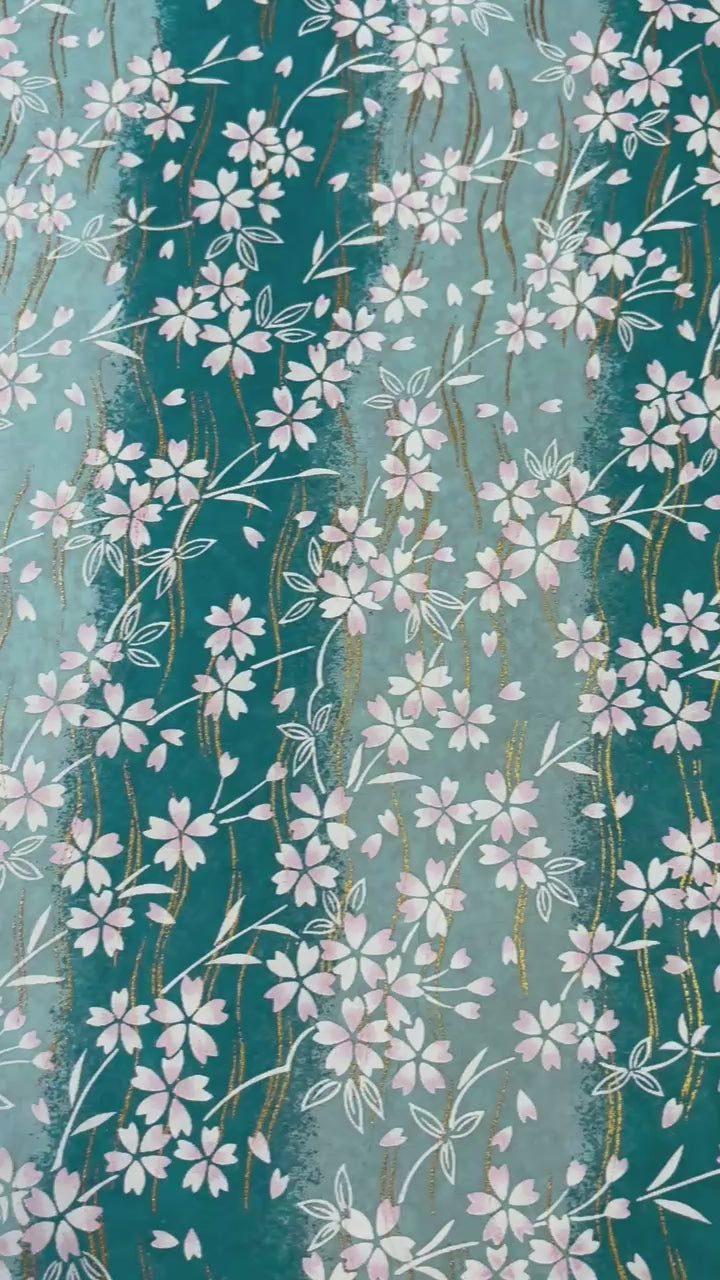 Japanese Yuzen Chiyogami Washi Paper – KW125 – Pink Sakura Blossoms on Aqua Waves