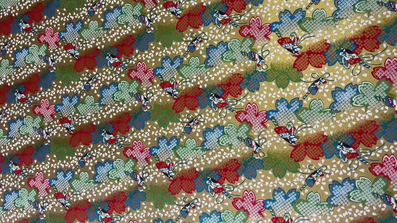 Japanese Yuzen Chiyogami Washi Paper KW304 – Red, Green & Blue Maple Leaves with Gold Butterflies
