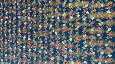 Japanese Yuzen Chiyogami Washi Paper KW134 – Pink, White & Blue Blossom Sprays with Gold on Navy