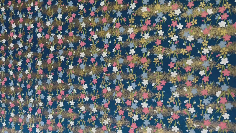 Japanese Yuzen Chiyogami Washi Paper KW134 – Pink, White & Blue Blossom Sprays with Gold on Navy
