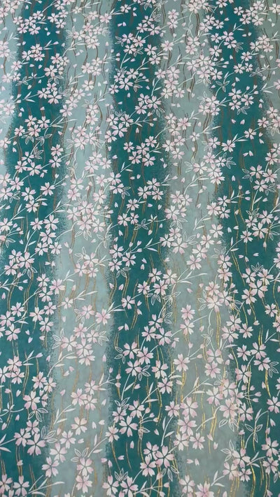 Japanese Yuzen Chiyogami Washi Paper – KW125 – Pink Sakura Blossoms on Aqua Waves
