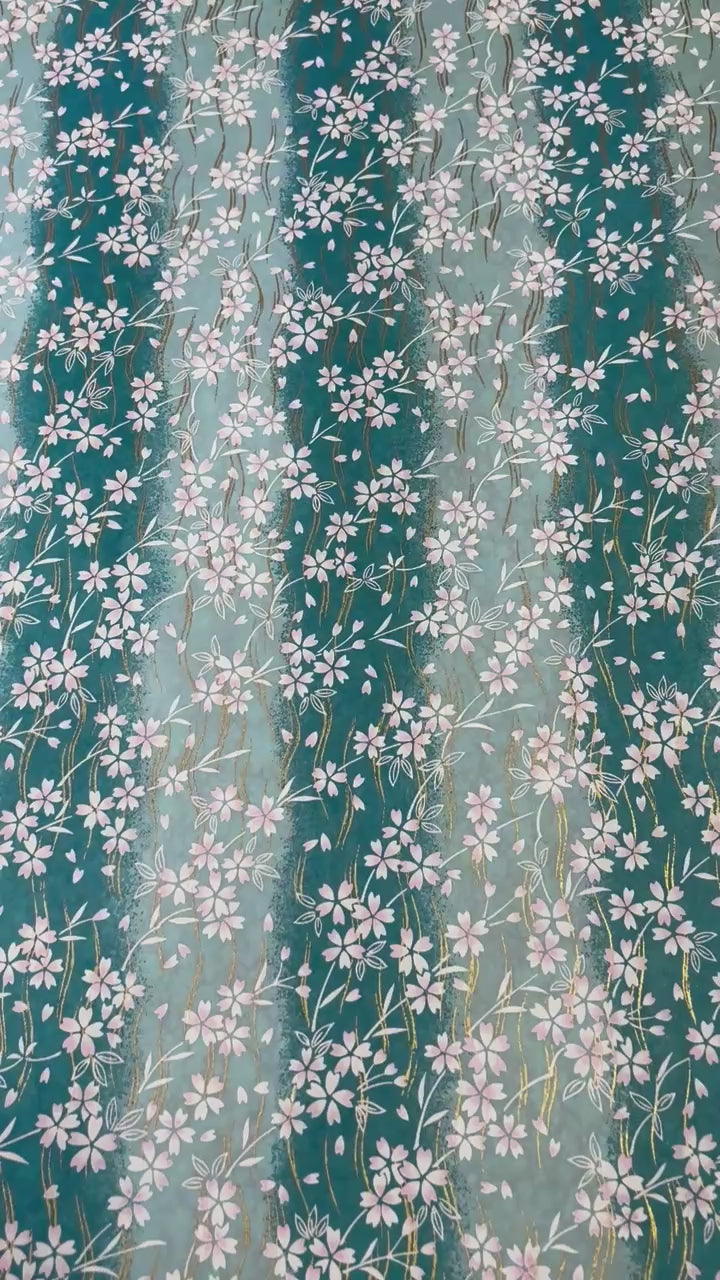 Japanese Yuzen Chiyogami Washi Paper – KW125 – Pink Sakura Blossoms on Aqua Waves