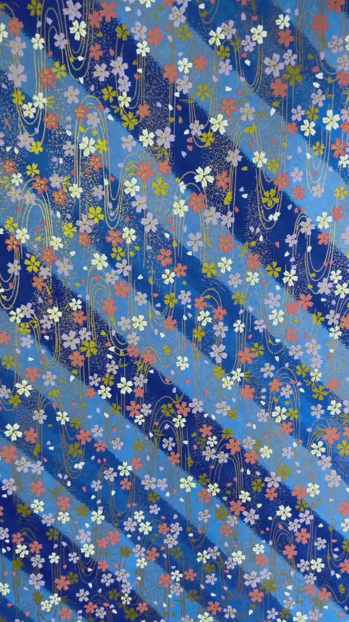 Japanese Yuzen Chiyogami Washi Paper KW133 – Sakura Dance on Blue Waves