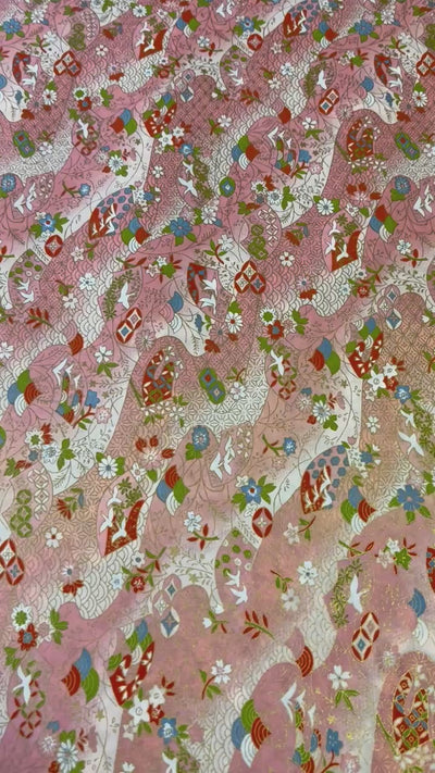 Japanese Yuzen Chiyogami Washi Paper – KW122 – Pink Waves with Cranes and Flowers