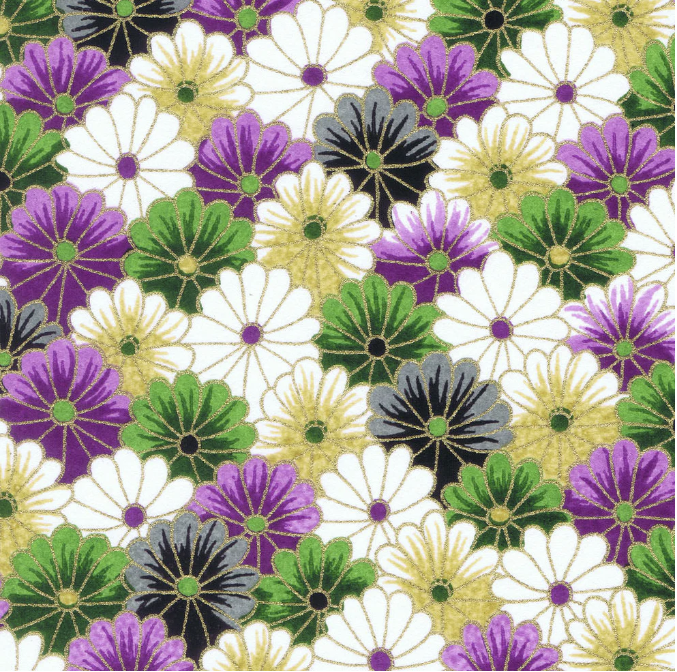 Japanese Yuzen Washi Paper - White green Purple Flowers - Chiyogami Paper With Gold Accent for origami, craft & scrapbooking 15x15cm (6")