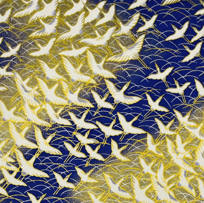 Japanese Yuzen Washi Paper - Gold Cranes on Gold and Blue - Chiyogami Paper With Gold Accent for origami, craft & scrapbooking 15x15cm (6")