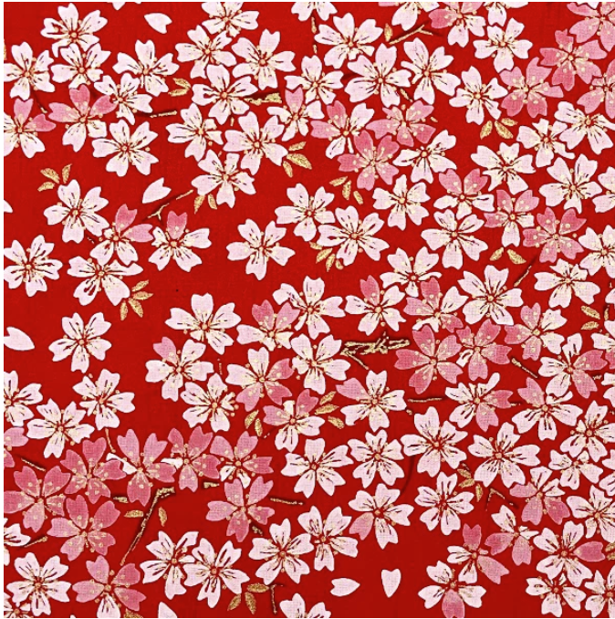 Japanese Yuzen Washi Paper Y0732 - Pink White Cherry Blossoms on Red - Chiyogami Paper With Gold Accent for origami, craft & scrapbooking 15x15cm (6")