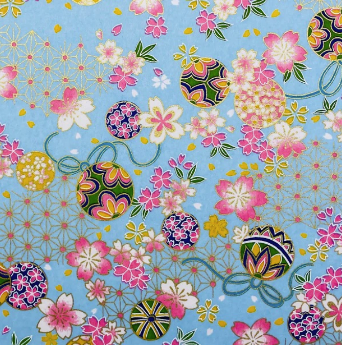 Japanese Yuzen Washi Paper -Pink Cherry Blossoms & Baubles on Blue - C ...