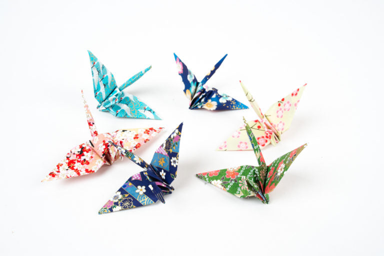 Origami Cranes With Gold Accent - Yuzen Paper Cranes for Ornaments, Weddings and Decorations