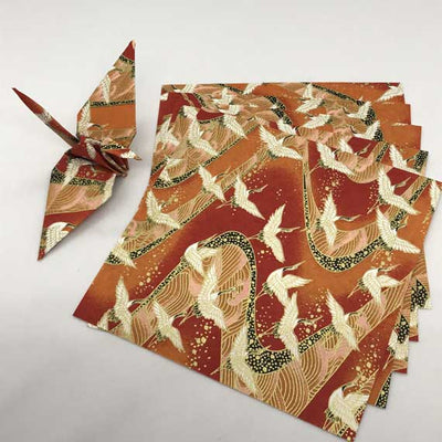 Japanese Yuzen Washi Paper – White Cranes on Red - Chiyogami Paper With Gold Accent for origami, craft & scrapbooking 15cm (6")