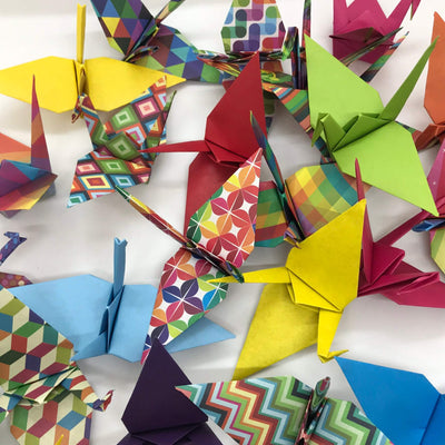 Origami Cranes in a Mixed Pattern Hand-folded