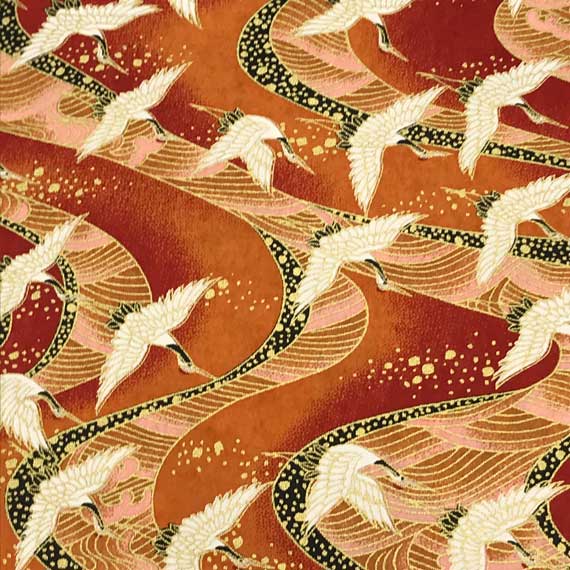 Japanese Yuzen Washi Paper – White Cranes on Red - Chiyogami Paper With Gold Accent for origami, craft & scrapbooking 15cm (6")