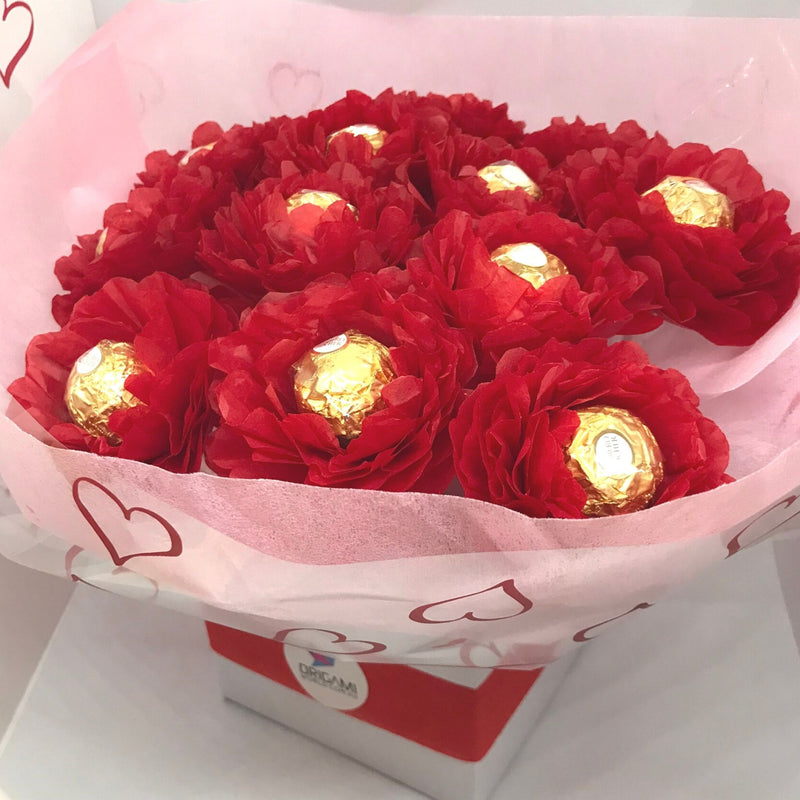 A Dozen Red Chocolate Roses in a Posy Box - Handmade Ferrero Chocolate Flowers - Valentine&