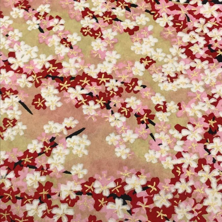 Japanese Origami Paper – Yuzen Chiyogami Washi Paper With Gold Accent – WHITE CHERRY BLOSSOM ON RED – perfect for origami, scrapbooking, card making & craft