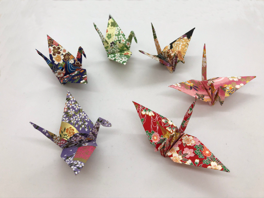 Origami Cranes With Gold Accent - Yuzen Paper Cranes for Ornaments, Weddings and Decorations